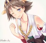  1girl bare_shoulders blue_eyes brown_hair clenched_hand detached_sleeves hairband hiei_(kantai_collection) japanese_clothes kanden_suki kantai_collection looking_at_viewer nontraditional_miko personification short_hair smile solo twitter_username wink 