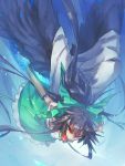  1girl angry arm_cannon bird_wings black_wings bow breasts cape hair_bow highres large_breasts outstretched_arms red_eyes reiuji_utsuho rough shirt short_sleeves skirt solo temmasa22 third_eye touhou weapon wings 