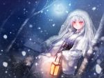  1girl blush crying dutch_angle full_moon holding house japanese_clothes kimono lantern long_hair misaki_(kyal_001) moon night obi original outdoors parted_lips red_eyes sash silver_hair sitting sleeves_past_wrists snowing solo tears tree veil 