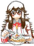  1girl blush brown_eyes eating food food_on_face freckles fried_rice glasses long_hair matsuda_yuusuke messy_hair original red-framed_glasses rice_on_face semi-rimless_glasses solo track_suit under-rim_glasses yonezawa_natsumi yuusha_to_maou 