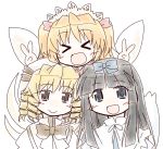  &gt;_&lt; 3girls :&gt; black_hair blonde_hair blue_eyes bow closed_eyes double_v dress drill_hair grey_eyes h_nekoma hair_bow hat long_hair luna_child multiple_girls open_mouth short_hair short_twintails smile star_sapphire sunny_milk touhou twintails v wings 