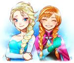  2girls anna_(frozen) blonde_hair blue_eyes braid cape closed_eyes crossed_arms dress elsa_(frozen) freckles frozen_(disney) gloves hair_ornament hair_over_shoulder ko-on_(ningen_zoo) long_hair multiple_girls orange_hair single_braid smile snowflake_hair_ornament snowflakes twin_braids 