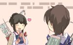  2girls akagi_(kantai_collection) alternate_hairstyle blood blush brown_hair closed_eyes colored comic commentary hair_up heart japanese_clothes kaga_(kantai_collection) kantai_collection long_hair multiple_girls muneate nosebleed personification short_hair side_ponytail uriah-oyu 