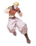  1boy baggy_pants blonde_hair blue_eyes boots boxing_gloves boxing_headgear cross-laced_footwear fighting_stance jet_(yatagarasu) jpeg_artifacts lace-up_boots midriff official_art solo tomoyuki_kotani yatagarasu_(game) 