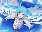  1girl blue_eyes blue_hair blush breasts clouds collar flying gloves long_hair looking_at_viewer mishima_kurone nymph_(sora_no_otoshimono) outstretched_arms sky solo sora_no_otoshimono thigh-highs twintails wings 