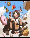  1girl :d amonitto bird_wings black_hair black_wings blue_sky blush cake candy closed_eyes clouds commentary_request cookie doughnut fang flying_sweatdrops food fork hair_ornament hairclip hat hat_ribbon ice_cream ice_cream_cone letterboxed lollipop open_mouth panties pantyshot pocky ribbon shameimaru_aya shirt short_sleeves skirt sky smile soft_serve solo spoon striped striped_panties sundae tokin_hat touhou underwear waffle wings 