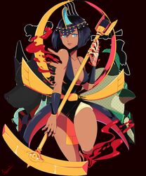  1girl albus_(skullgirls) ankh black_dress black_hair blood blue_eyes breasts cleavage dark_skin dissolving dress eliza_(skullgirls) hagoromo halterneck horace_(skullgirls) lipstick makeup microphone_stand shawl short_hair skullgirls solo_focus tiara xryuu 