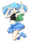  1girl armpits backpack bag bare_arms bare_shoulders blue_eyes blue_hair boots cato_(monocatienus) clothes_around_waist double_v hair_bobbles hair_ornament highres jacket_around_waist jumping kawashiro_nitori key looking_at_viewer midriff navel open_mouth rubber_boots simple_background skirt small_breasts smile solo tank_top touhou twintails v white_background 