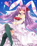  1girl animal_ears black_legwear bouquet bracelet breasts bridal_veil bride character_name choker dress flower gown hair_flower hair_ornament heart heart-shaped_pupils highres jewelry long_hair necklace open_mouth petals purple_hair rabbit_ears red_eyes red_rose reisen_udongein_inaba rose smile solo symbol-shaped_pupils thigh-highs touhou veil very_long_hair wedding_dress xe-cox 