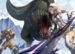  armor axe barioth_(armor) blue_eyes deviljho diablos_(armor) fangs gloves hairband highres lance monster_hunter open_mouth polearm red_eyes shingo_(missing_link) snow sword tail uragaan_(armor) weapon white_hair 