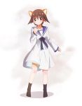  1girl alternate_costume animal_ears blush_stickers brown_eyes brown_hair dress full_body highres long_sleeves miyafuji_yoshika ns.x sailor_dress short_hair simple_background smile socks solo strike_witches texture white_background 