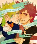  2boys caesar_anthonio_zeppeli feathers green_eyes hair_feathers jojo_no_kimyou_na_bouken joseph_joestar_(young) ktttttttttt multiple_boys redhead violet_eyes 