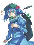  1girl backpack bag blue_eyes blue_hair cattail cucumber hair_bobbles hair_ornament hat highres juliet_sleeves kawashiro_nitori long_sleeves looking_at_viewer mouth_hold plant puffy_sleeves rough shirt simple_background skirt skirt_set solo surprised temmasa22 touhou twintails white_background 