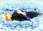  1girl absurdres ahoge avalon_(fate/stay_night) blonde_hair fate/zero fate_(series) flower formal green_eyes highres long_hair long_sleeves looking_at_viewer lying necktie official_art on_back pant_suit ponytail saber scan sheath solo suit ufotable 
