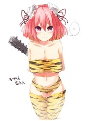  1girl alternate_costume bandages breasts club double_bun highres ibaraki_kasen ibuki_notsu pink_hair short_hair spiked_club thigh-highs tiger_stripes touhou weapon yellow_legwear 