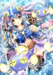  1girl :&gt; :&lt; absurdres antenna_hair blue_hair braid brown_eyes buttons chinchou hair_ribbon hair_twirling highres jewelry light long_hair morozumi_(ratexizuki) navel necklace parted_lips personification pokemon pokemon_(creature) ribbon thigh-highs twin_braids 