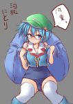  1girl backpack bag bespectacled blue_eyes blue_hair blush character_name glasses hair_ornament hat highres kawashiro_nitori key simple_background solo spirytus_tarou thigh-highs touhou translated white_legwear 