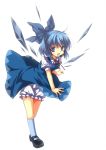  1girl bloomers blue_dress blue_eyes blue_hair bow cirno dress hair_bow ice ice_wings looking_at_viewer open_mouth puffy_sleeves shirt short_sleeves simple_background smile solo touhou underwear white_background wind_lift wings yutamitan 