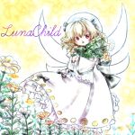  1girl :o blonde_hair character_name dress drill_hair fairy fairy_wings flower frilled_dress frilled_sleeves frills hat highres holding holding_flower luna_child myo-gateien red_eyes short_hair touhou white_dress wings 