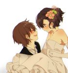  1boy 1girl bare_shoulders black_hair blush brown_hair carrying closed_eyes couple dress elbow_gloves formal gloves hetero highres lingmuzi looking_at_another original princess_carry suit tears wedding_dress 