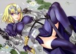  1girl absurdres armor armored_dress blonde_hair braid dress fate/apocrypha fate_(series) faulds flower gauntlets greaves grin headpiece highres leg_up lily_pad lips long_hair lying no_panties petals purple_legwear robina ruler_(fate/apocrypha) smile solo sword thigh-highs violet_eyes weapon 