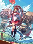  1girl absurdly_long_hair bird breasts brown_eyes brown_hair detached_sleeves feet_in_water hair_ornament highres kantai_collection long_hair looking_at_viewer madyy oriental_umbrella personification ponytail single_thighhigh skirt soaking_feet solo thigh-highs umbrella very_long_hair water yamato_(kantai_collection) 