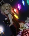  1girl alternate_costume bare_arms blonde_hair blue_background candle candlelight candlestand china_dress chinese_clothes dutch_angle expressionless flandre_scarlet flower glowing glowing_eyes glowing_wings hidebou_(hideboooo) highres looking_at_viewer looking_over_shoulder purple_rose red_eyes red_rose rose short_hair slit_pupils solo stuffed_animal stuffed_cat stuffed_toy touhou white_rose wings 