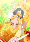  1girl blonde_hair boots bow bowtie brooch clover cure_honey four-leaf_clover frills hair_bow happinesscharge_precure! jewelry knee_boots leaning_back leg_up long_hair magical_girl oomori_yuuko orange_background precure skirt smile solo tj-type1 upside-down wand wink yellow_eyes yellow_skirt 