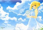  1girl absurdres ahoge bare_shoulders blonde_hair blush bouquet bow clouds dress fate/stay_night fate_(series) flower green_eyes highres holding looking_at_viewer official_art ribbon saber scan short_hair sky smile solo 