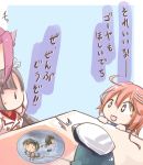  6+girls admiral_(kantai_collection) colored comic gameplay_mechanics goggles goggles_on_head hair_ribbon hiyou_(kantai_collection) japanese_clothes jun&#039;you_(kantai_collection) kantai_collection long_hair maru-yu_(kantai_collection) minigirl multiple_girls purple_hair red_eyes ribbon school_swimsuit swimsuit translated uriah-oyu white_school_swimsuit white_swimsuit 