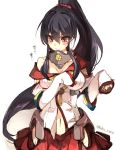  1girl black_hair cis_(carcharias) kantai_collection long_hair long_ponytail navel off_shoulder oversized_clothes payot personification ponytail red_eyes skirt solo twitter_username white_background yahagi_(kantai_collection) yamato_(kantai_collection) yamato_(kantai_collection)_(cosplay) 