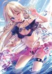  1girl bikini bisonbison blonde_hair blue_eyes female ia_(vocaloid) jewelry long_hair navel open_mouth pink_skirt ring skirt smile solo swimsuit vocaloid water wink 