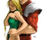  1boy 1girl blonde_hair braid breasts cammy_white couple height_difference hug hug_from_behind jeff_diolata leotard long_hair scar sleeves_rolled_up spaulders street_fighter twin_braids vega what_if 