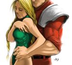  1boy 1girl blonde_hair braid breasts cammy_white commentary couple height_difference highres hug hug_from_behind jeff_diolata leotard long_hair scar sleeves_rolled_up spaulders street_fighter twin_braids vega what_if 