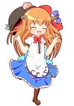 1girl arms_up blush boots bow cosplay cross-laced_footwear food fruit hair_bow hat hat_removed headwear_removed hinanawi_tenshi hinanawi_tenshi_(cosplay) horn_ribbon horns ibuki_suika knee_boots layered_skirt leaf long_hair mochigome_(mosamosa7) mole orange_hair peach ribbon short_sleeves simple_background skirt solo standing_on_one_leg touhou white_background younger