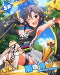  1girl antenna_hair artist_request black_eyes black_hair character_name fingerless_gloves gloves idolmaster idolmaster_million_live! jpeg_artifacts kikuchi_makoto microphone microphone_stand musical_note official_art short_hair signature wink 