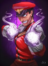  1girl black_hair breasts cleavage crazy_eyes energy_ball female genderswap glowing_hands hat highres jeff_diolata lips peaked_cap short_hair solo spaulders street_fighter vega 