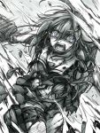  blue_eyes braid cannon damaged kantai_collection monochrome navel ocean open_mouth screaming shigure_(kantai_collection) skirt splashing takatsuki_ichi tears torn_clothes torn_skirt waves 