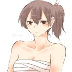  1girl bare_shoulders breasts brown_eyes brown_hair kaga_(kantai_collection) kantai_collection lowres personification rebecca_(keinelove) sarashi short_hair side_ponytail solo text 