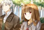  1boy 1girl animal_ears brown_hair craft_lawrence ffmania7 forest holo long_hair nature red_eyes silver_hair smile spice_and_wolf tree wolf_ears 