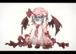  &gt;_&lt; 1girl bat_wings bloomers blue_hair bow cowering gensou_aporo hat letterboxed mob_cap remilia_scarlet ribbon short_hair simple_background sitting skirt solo tears touhou underwear uu~ white_background wings 