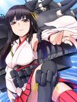  1girl :3 armpits black_hair brown_eyes fusou_(kantai_collection) fusou_(kantai_collection)_(cosplay) hair_ornament haruichi highres idolmaster idolmaster_cinderella_girls japanese_clothes kantai_collection kurokawa_chiaki long_hair looking_at_viewer machinery parody solo thigh-highs turret 