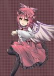  1girl :d bd-0 bird_wings checkered checkered_background dress frilled_dress frilled_sleeves frills hat highres mystia_lorelei open_mouth pink_hair short_hair smile thigh-highs touhou wings yellow_eyes 