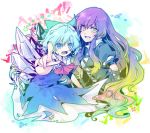  2girls ascot blue_bow blue_eyes blue_hair bow cirno dress fairy_wings gradient_hair hair_bow hijiri_byakuren layered_dress long_hair looking_at_viewer multicolored_hair multiple_girls open_mouth parmesan_(168n) parted_lips pointing pointing_at_viewer purple_hair ribbon short_hair short_sleeves teeth touhou wings yellow_eyes 