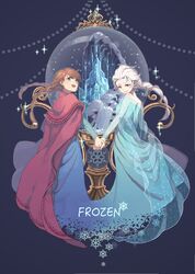  2girls anna_(frozen) blonde_hair blue_dress blue_eyes braid brown_hair cape dress elsa_(frozen) frozen_(disney) hair_ornament hair_over_shoulder multiple_girls siblings sisters snow_globe snowflakes sonomura twin_braids 