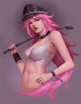  breasts choker cuffs final_fight handcuffs hat long_hair peaked_cap phamoz pink_hair poison_(final_fight) riding_crop solo tank_top 