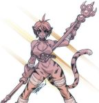  1girl :p animal_ears antenna_hair bandages bottomless breasts breath_of_fire breath_of_fire_ii cat_ears cat_tail choker cleavage gloves large_breasts monochrome rinpoo_chuan robert_porter short_hair solo staff tail tongue 