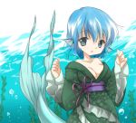  1girl bare_shoulders blue_eyes blue_hair breasts bubble cleavage collarbone floral_print head_fins japanese_clothes kimono looking_at_viewer mermaid monster_girl obi off_shoulder open_mouth sash smile solo touhou underwater wakasagihime yutamitan 