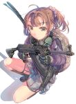  1girl assault_rifle blush brown_eyes brown_hair daito gloves gun hair_ornament hairclip looking_at_viewer mole open_mouth original rifle school_uniform short_hair skirt skorpion_vz._61 solo submachine_gun weapon 