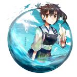  1girl blue_sky blush breasts brown_eyes brown_hair bubble clouds fisheye itomugi-kun japanese_clothes kaga_(kantai_collection) kantai_collection muneate open_mouth paper_airplane personification short_hair side_ponytail skirt sky solo water 